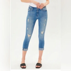 Kancan Mid-Rise Distressed Cropped Skinny Capri Jeans KC5015LY Size 5/26 Denim